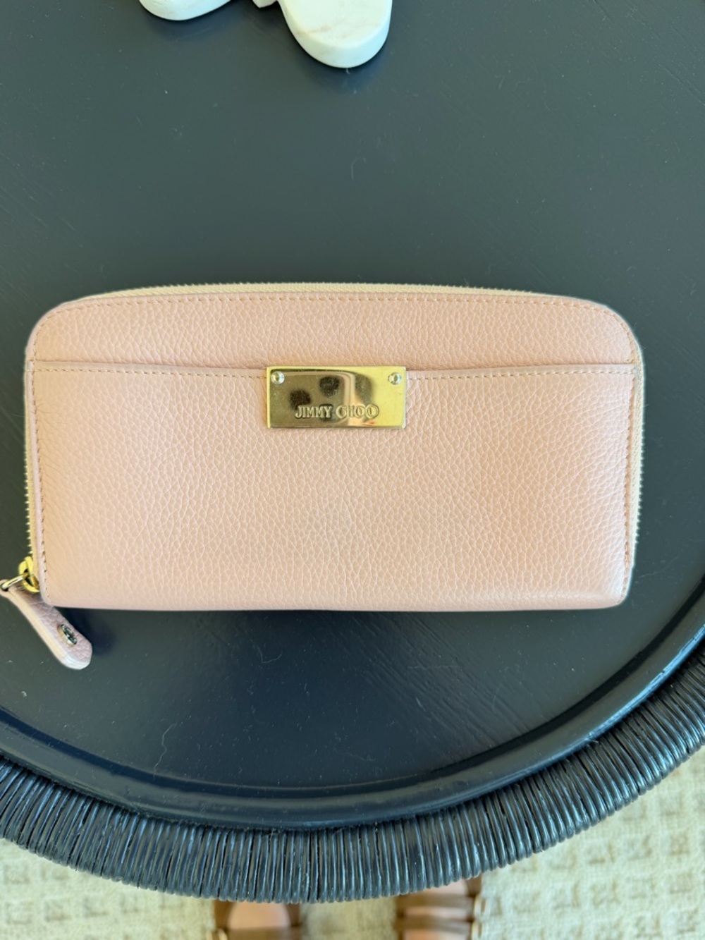 Jimmy Choo Blush Pink Pebbled Leather Zip-Around Wallet with Gold Plaque